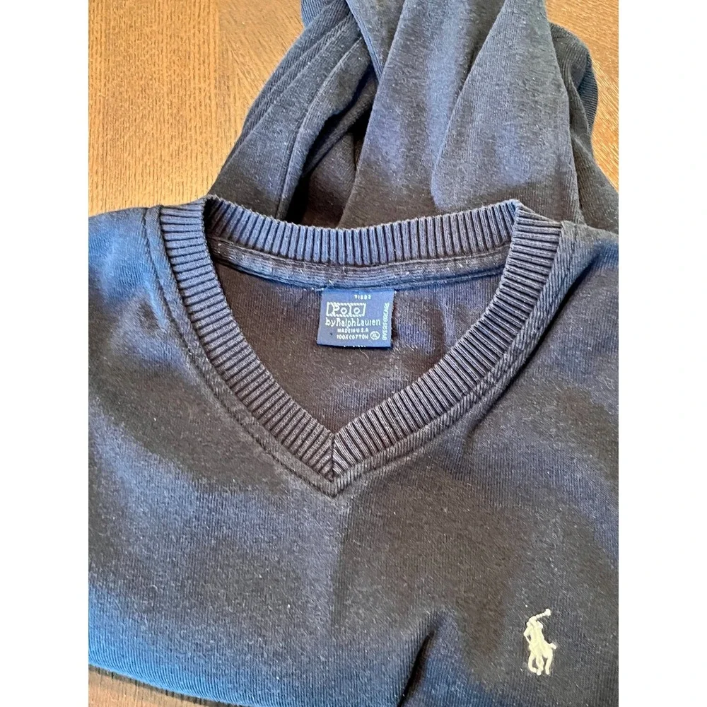 Vtg 90's Polo Ralph Lauren V-Neck Navy Long Sleeve Shirt Made in USA Size M